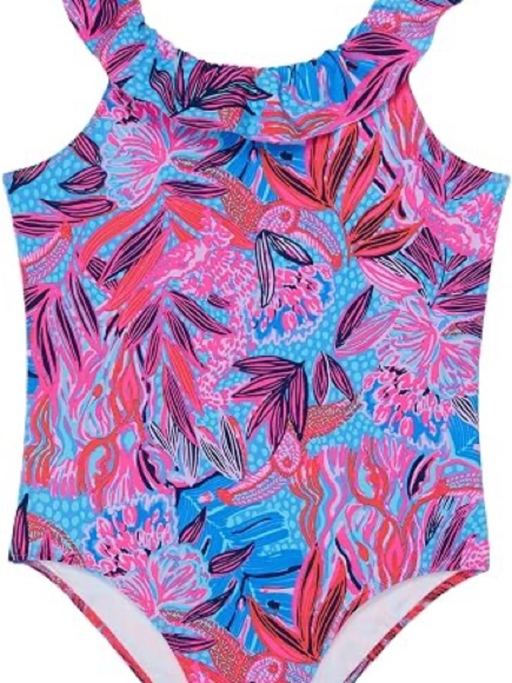 Lilly Pulitzer Eliana Girls' Pink & Blue Floral Ruffle One-Piece Swimsuit Size 2